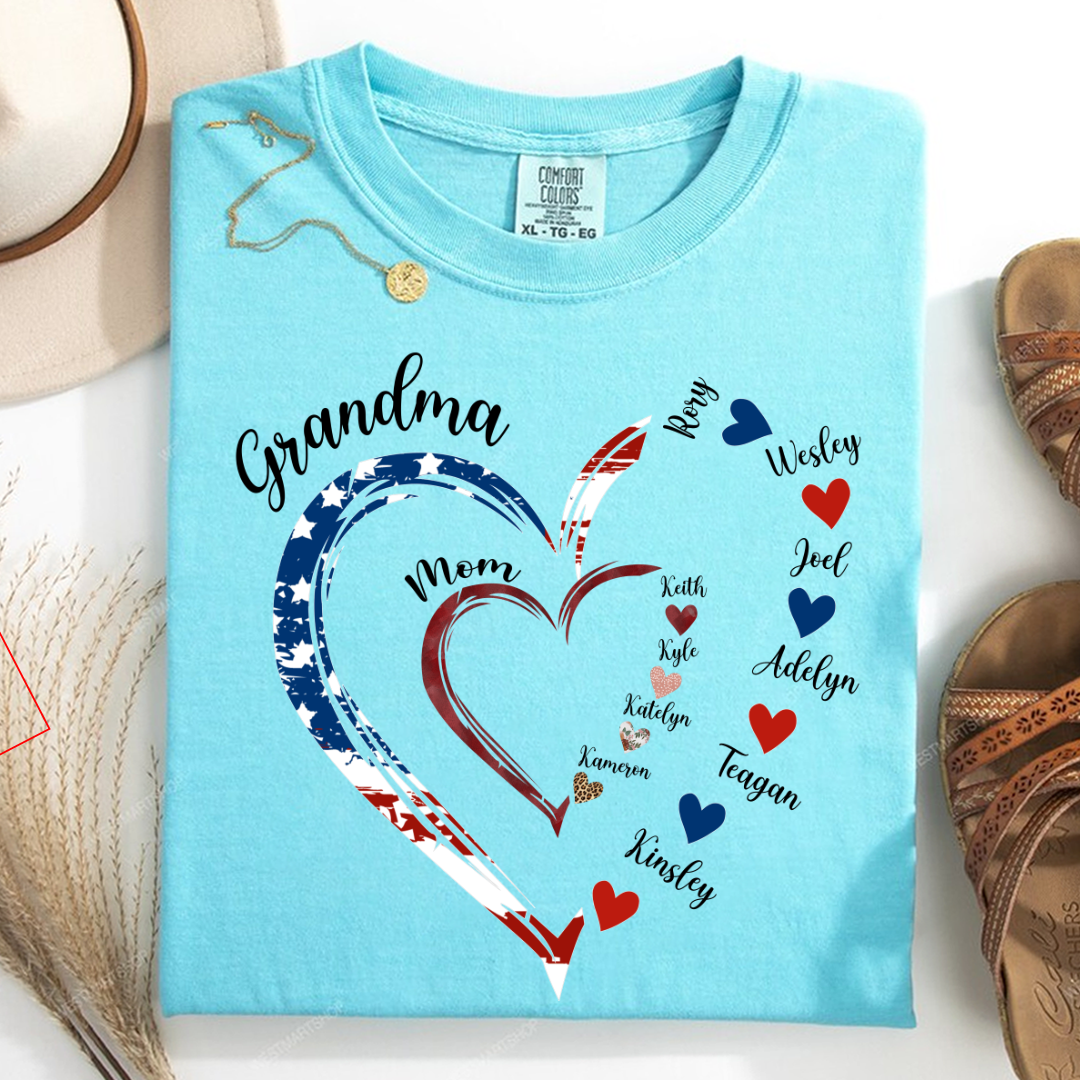 America Flag Heart Mom Grandma And Kids Custom Name CTH01