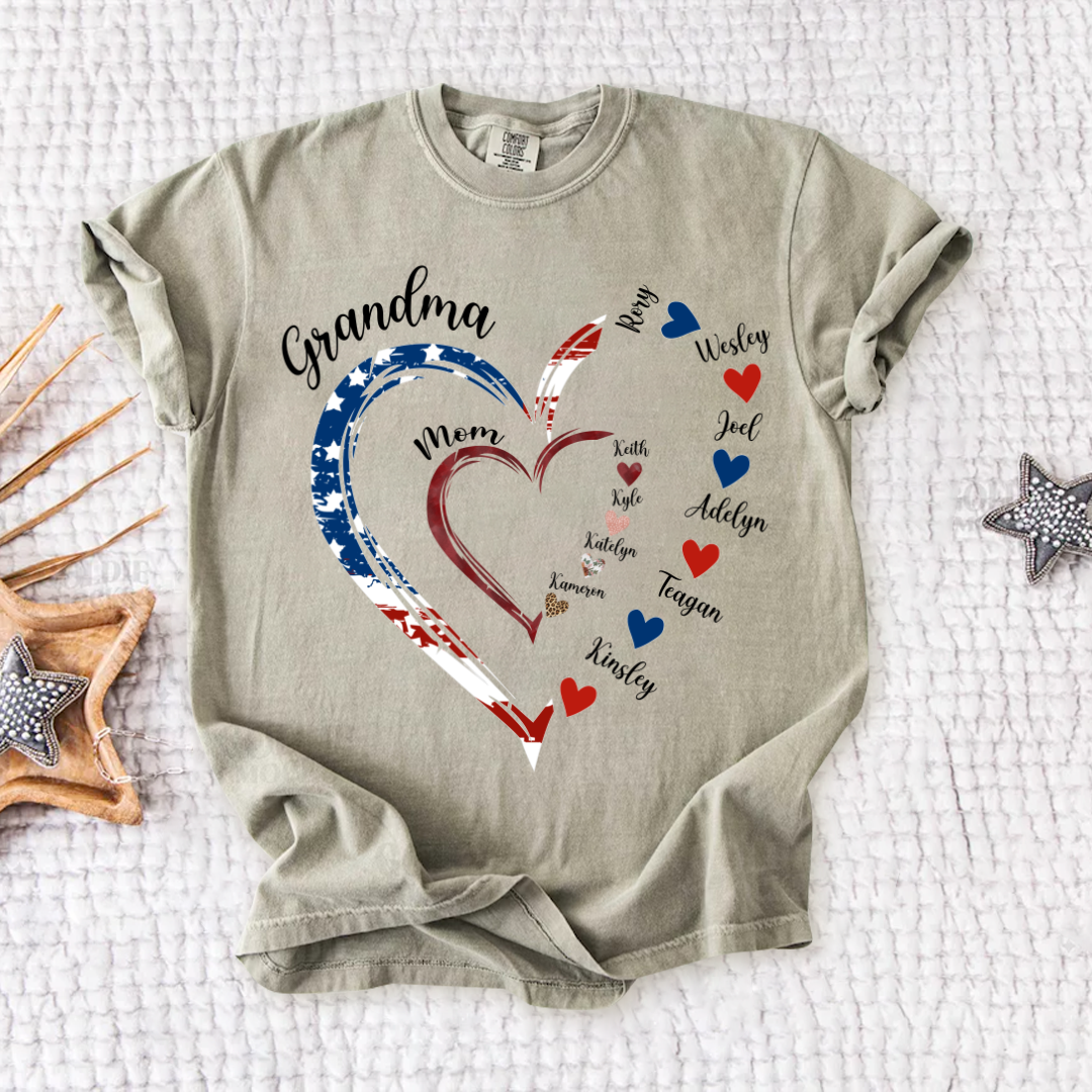 America Flag Heart Mom Grandma And Kids Custom Name CTH01