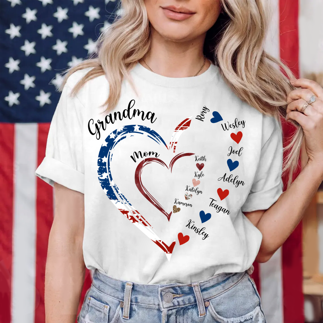 America Flag Heart Mom Grandma And Kids Custom Name CTH01
