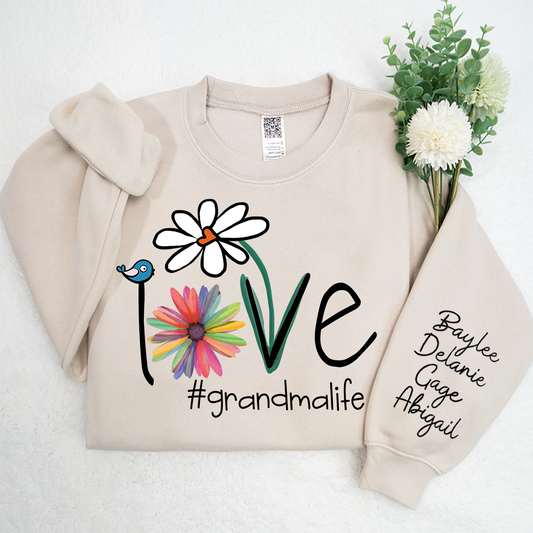 Flower Love Grandma Life Sweatshirt, Custom Nickname And Grandkids Xmas Sweatshirt