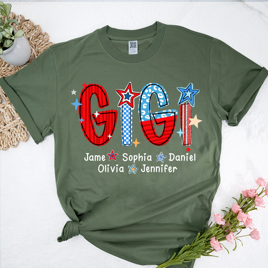 America 4th of July Gigi Custom Gigi And Grandkids Name T-Shirt