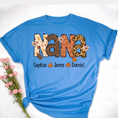 Autumn Leopard Nana And Grandkids Personalized Shirt