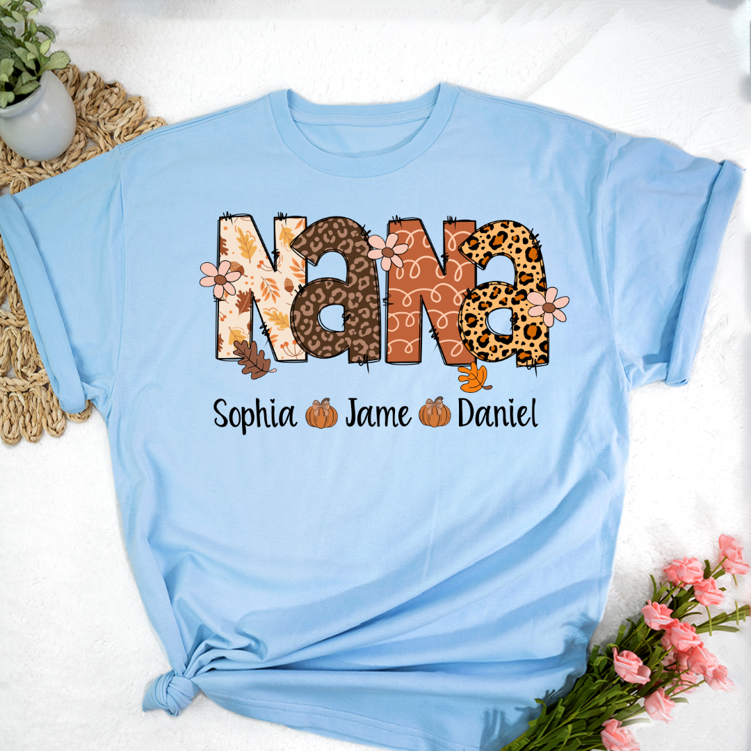 Autumn Leopard Nana And Grandkids Personalized Shirt