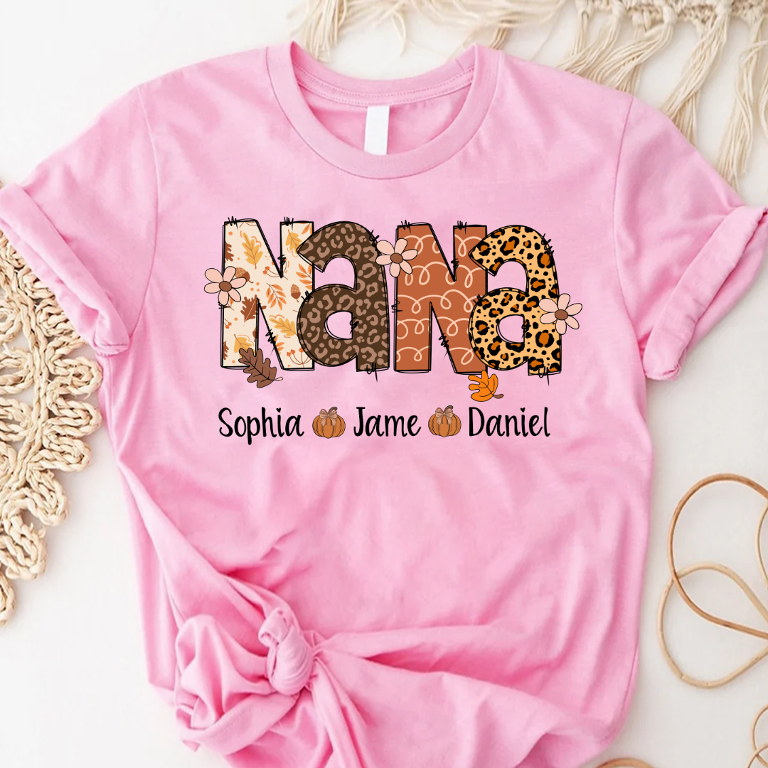 Autumn Leopard Nana And Grandkids Personalized Shirt
