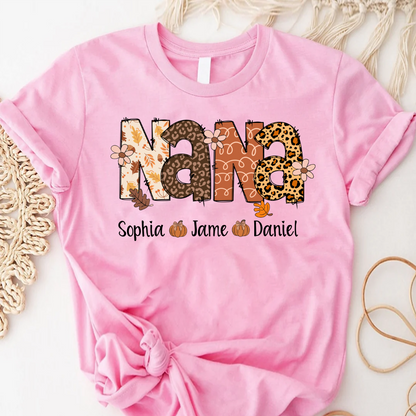 Autumn Leopard Nana And Grandkids Personalized Shirt
