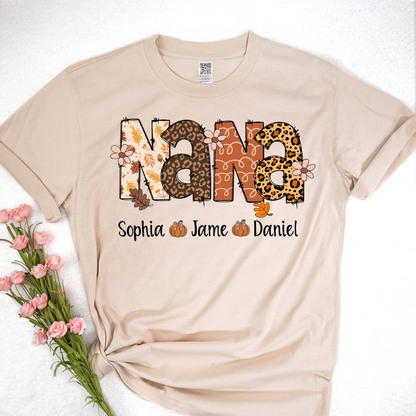 Autumn Leopard Nana And Grandkids Personalized Shirt