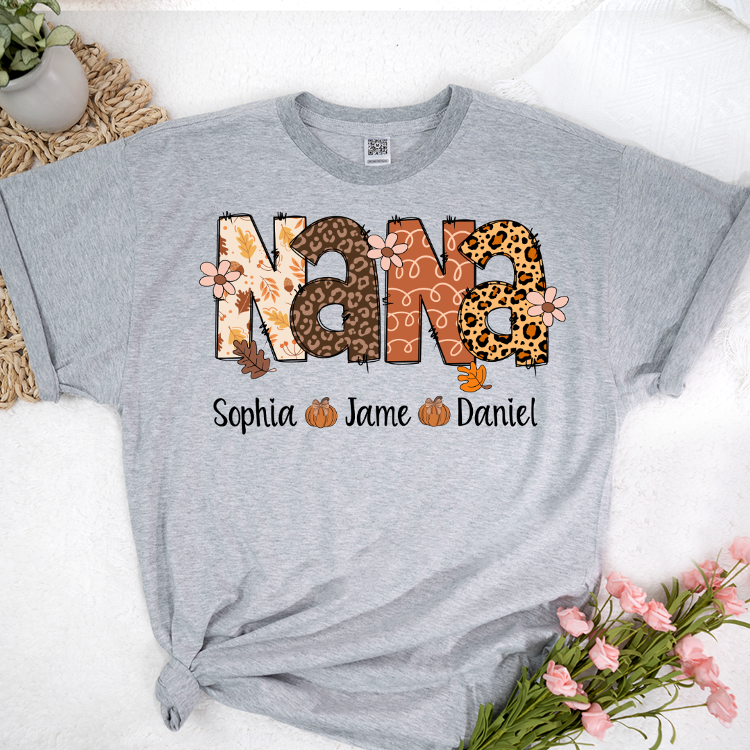Autumn Leopard Nana And Grandkids Personalized Shirt