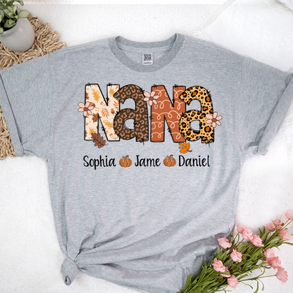 Autumn Leopard Nana And Grandkids Personalized Shirt