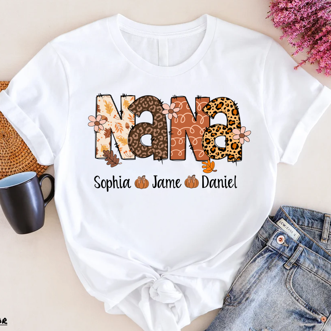 Autumn Leopard Nana And Grandkids Personalized Shirt