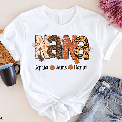 Autumn Leopard Nana And Grandkids Personalized Shirt