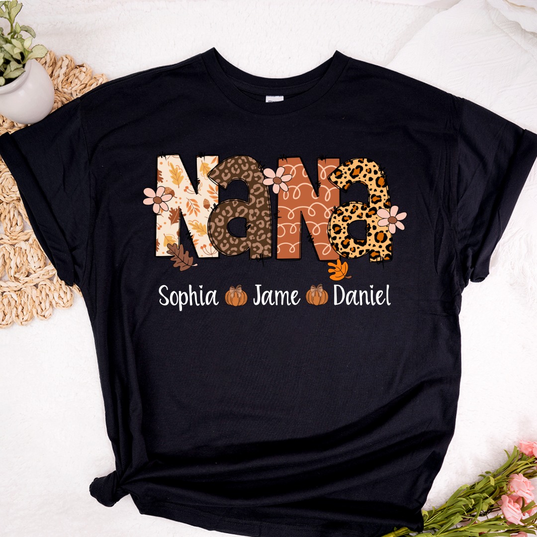 Autumn Leopard Nana And Grandkids Personalized Shirt