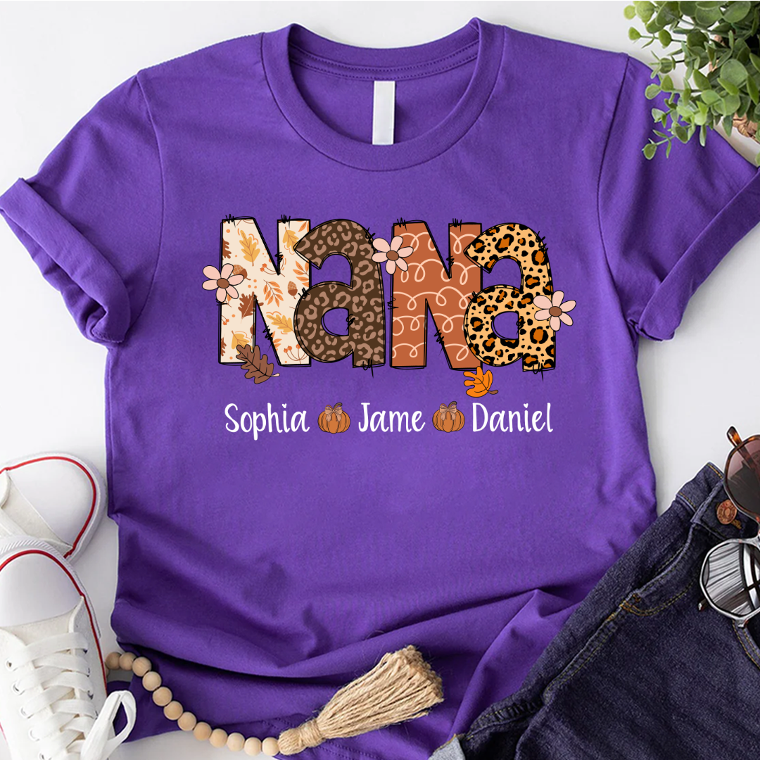 Autumn Leopard Nana And Grandkids Personalized Shirt