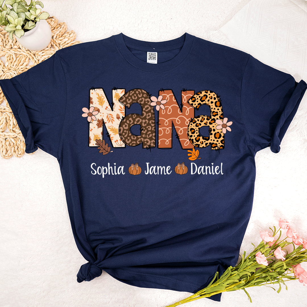 Autumn Leopard Nana And Grandkids Personalized Shirt