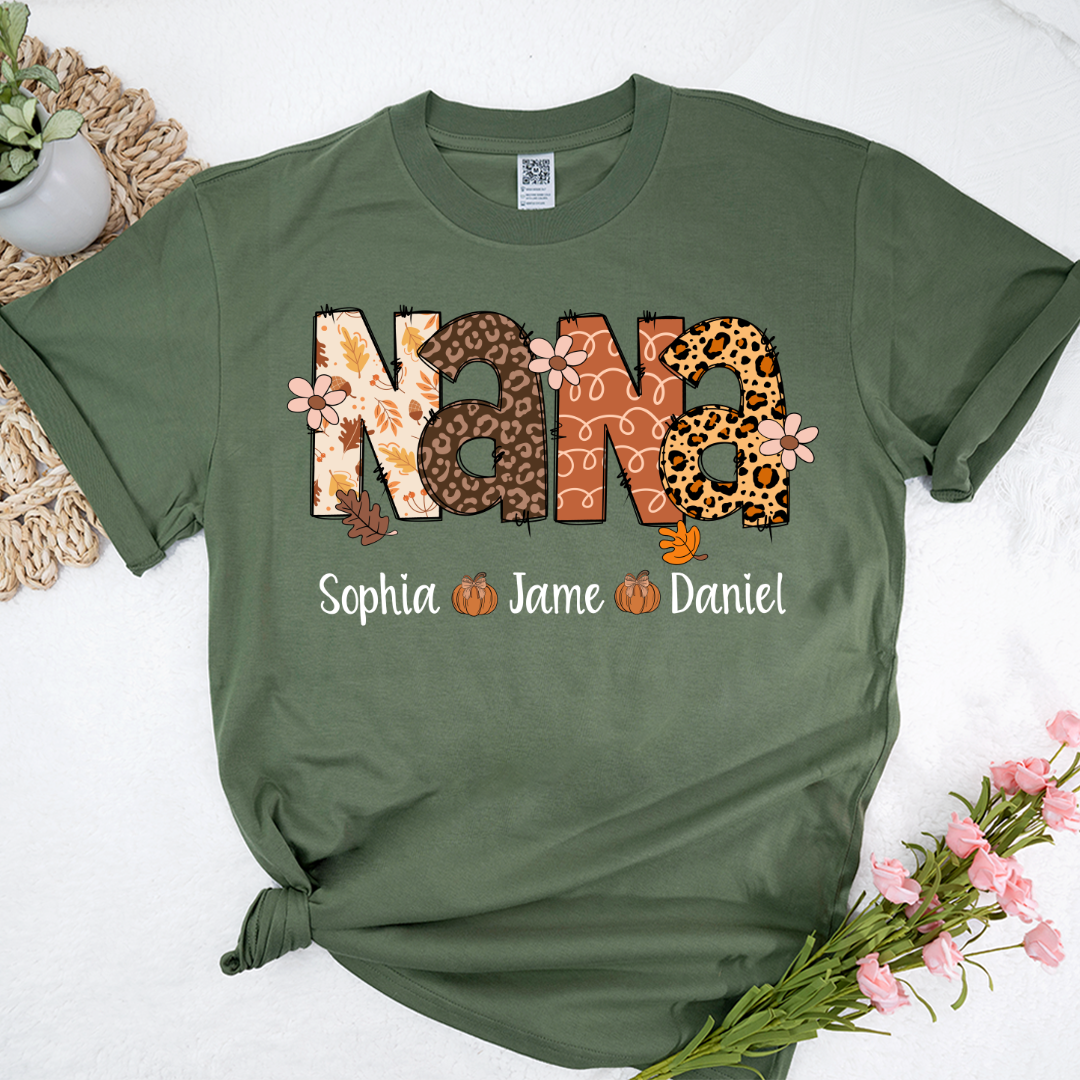 Autumn Leopard Nana And Grandkids Personalized Shirt