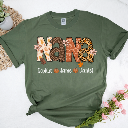 Autumn Leopard Nana And Grandkids Personalized Shirt