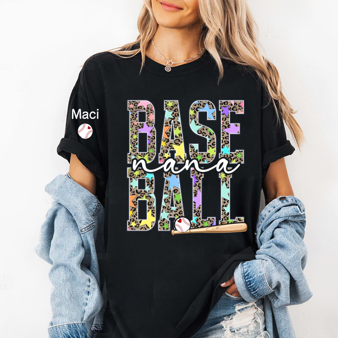 Baseball Leopard Nana Game Day Nana Gigi Grandma and Grandkids Personalized T-shirt