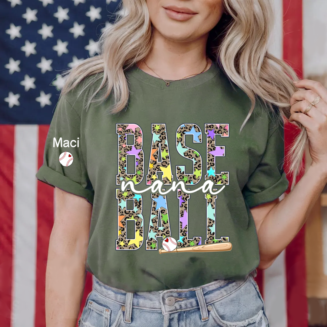 Baseball Leopard Nana Game Day Nana Gigi Grandma and Grandkids Personalized T-shirt