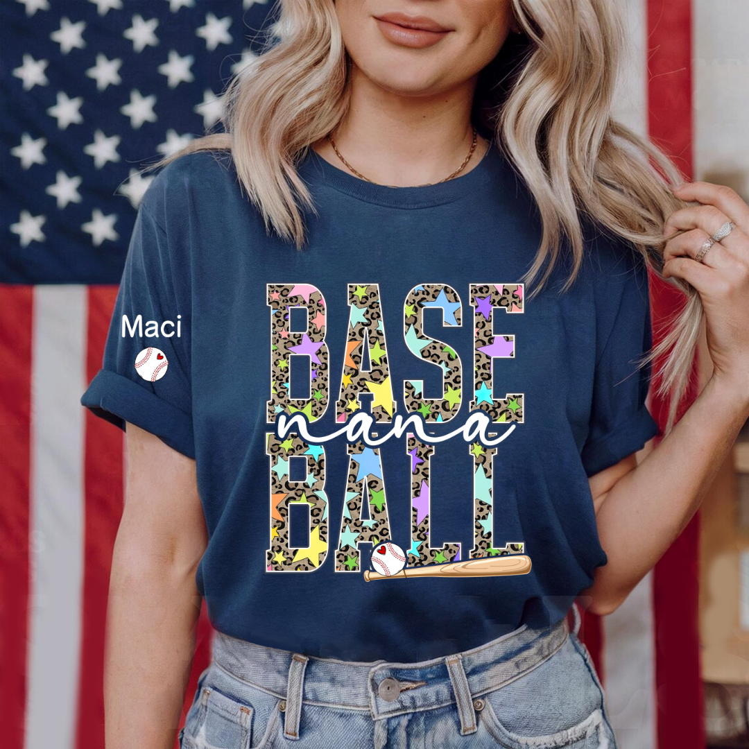 Baseball Leopard Nana Game Day Nana Gigi Grandma and Grandkids Personalized T-shirt