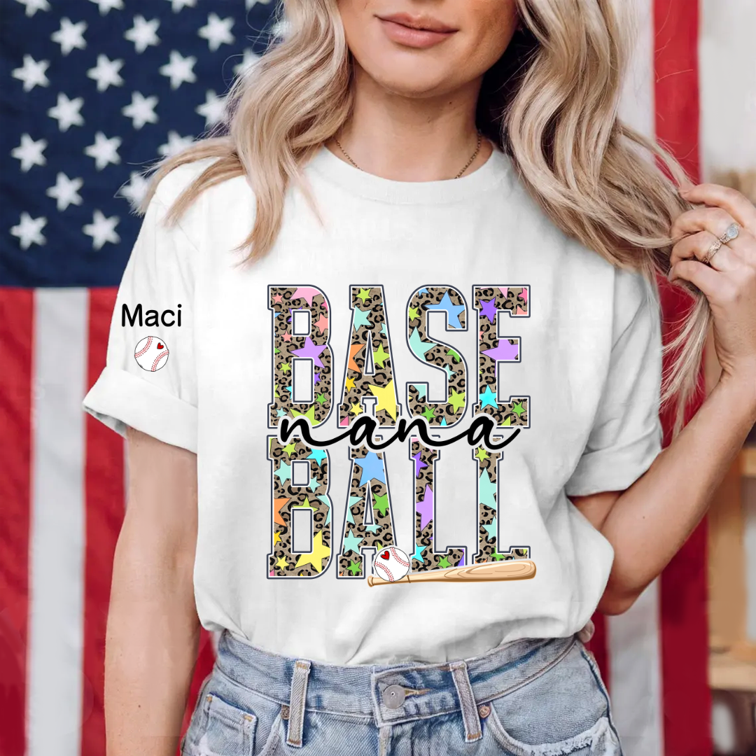Baseball Leopard Nana Game Day Nana Gigi Grandma and Grandkids Personalized T-shirt