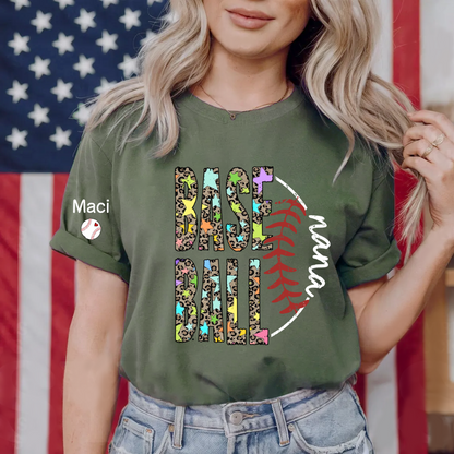 Baseball Leopard Nana Nana Gigi Grandma and Grandkids Personalized Game Day T-shirt