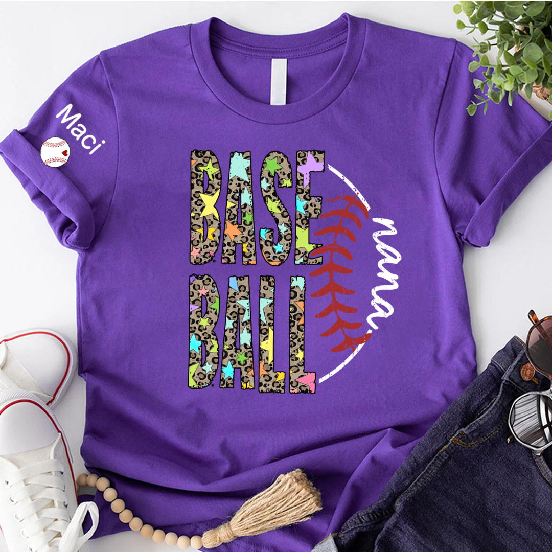Baseball Leopard Nana Nana Gigi Grandma and Grandkids Personalized Game Day T-shirt