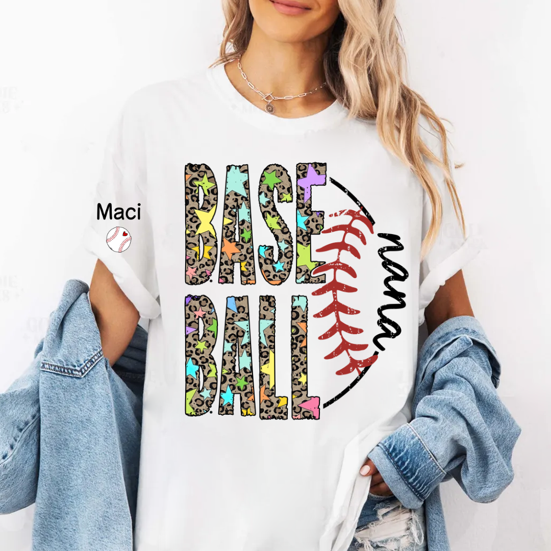 Baseball Leopard Nana Nana Gigi Grandma and Grandkids Personalized Game Day T-shirt