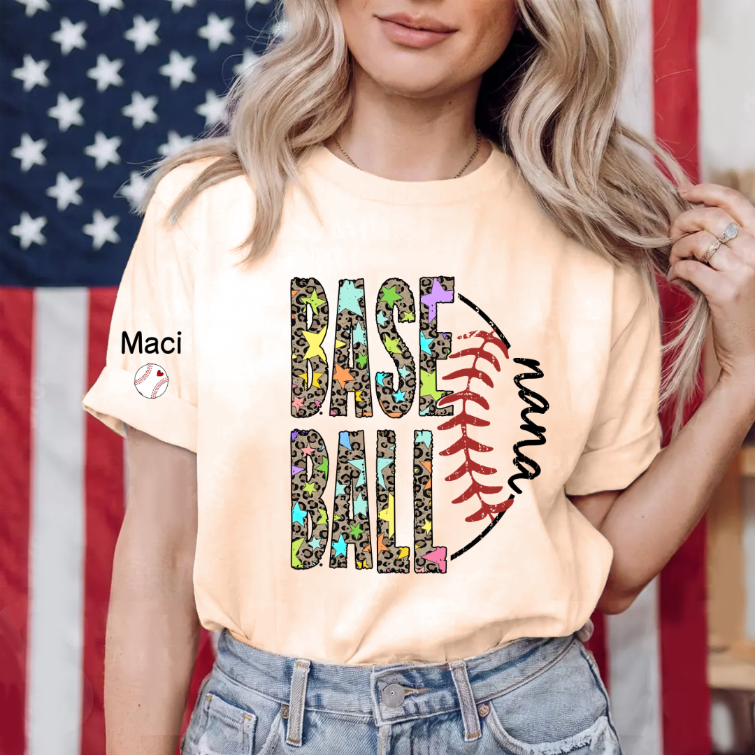 Baseball Leopard Nana Nana Gigi Grandma and Grandkids Personalized Game Day T-shirt
