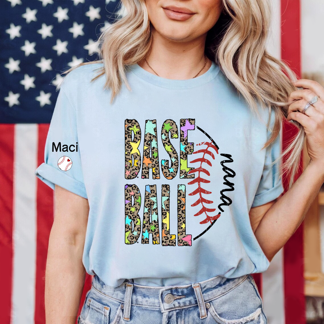 Baseball Leopard Nana Nana Gigi Grandma and Grandkids Personalized Game Day T-shirt