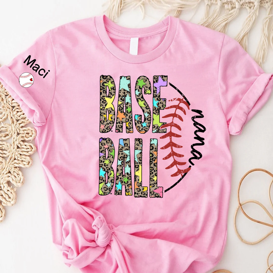 Baseball Leopard Nana Nana Gigi Grandma and Grandkids Personalized Game Day T-shirt