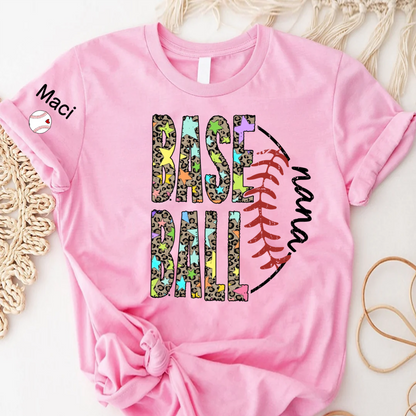 Baseball Leopard Nana Nana Gigi Grandma and Grandkids Personalized Game Day T-shirt