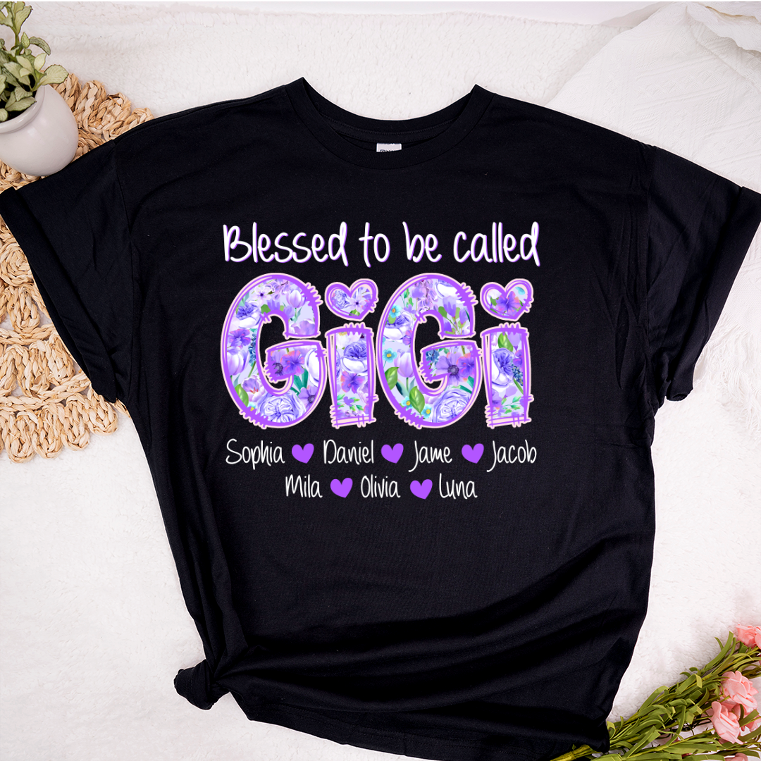 Blessed To Be Called Gigi Custom Gigi And Grandkids Flower T-Shirt
