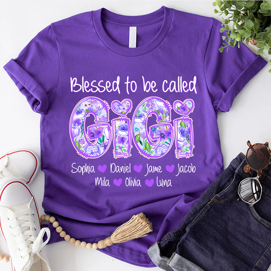 Blessed To Be Called Gigi Custom Gigi And Grandkids Flower T-Shirt