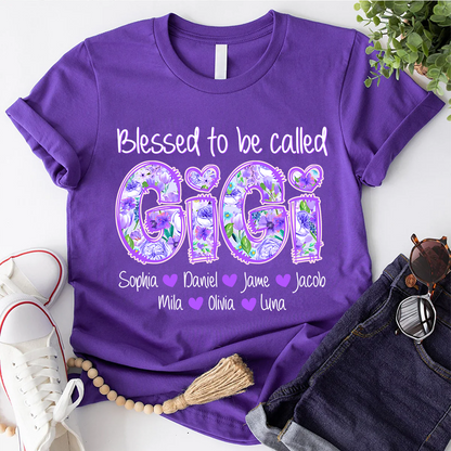 Blessed To Be Called Gigi Custom Gigi And Grandkids Flower T-Shirt