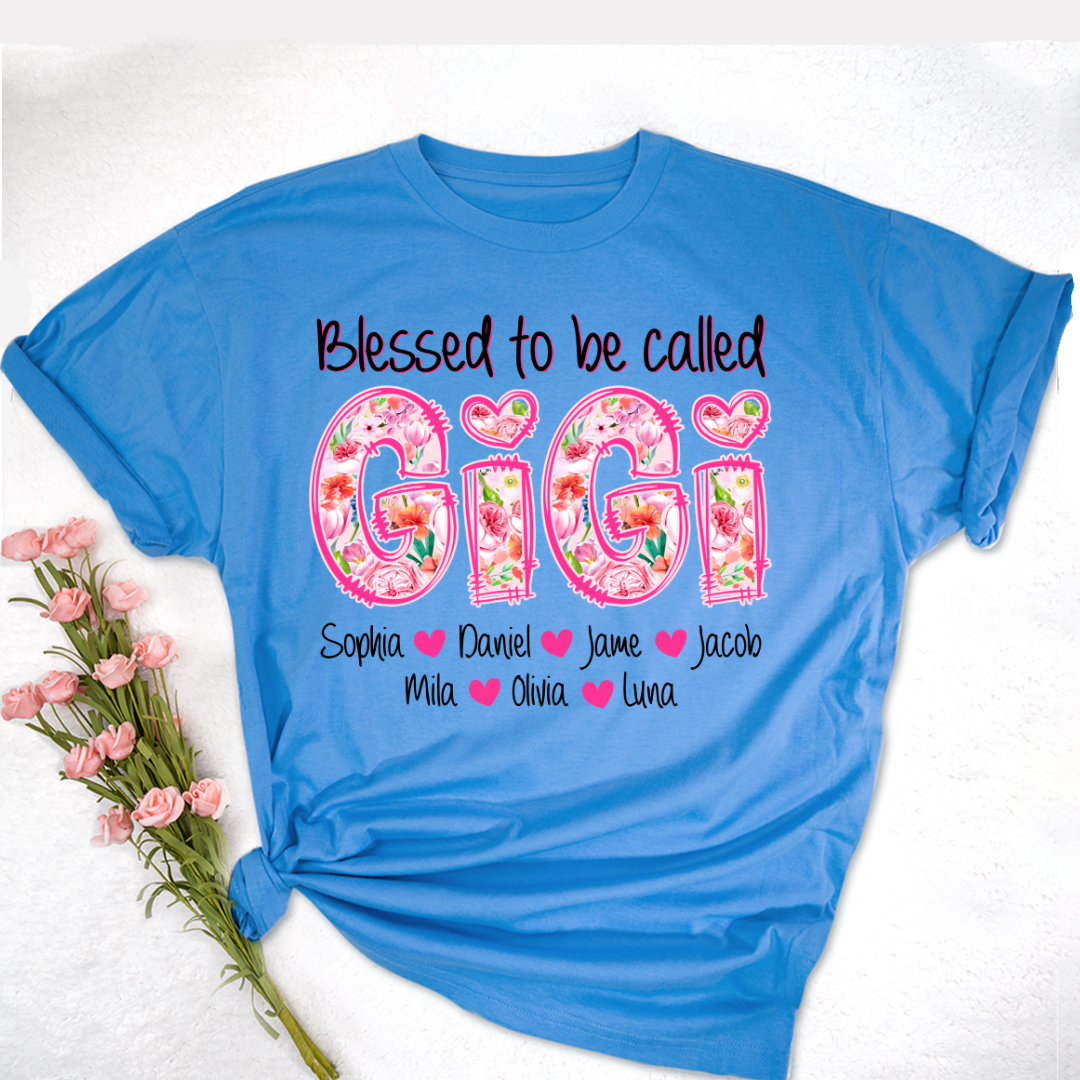 Blessed To Be Called Gigi Custom Gigi And Grandkids Pink Flower T-Shirt
