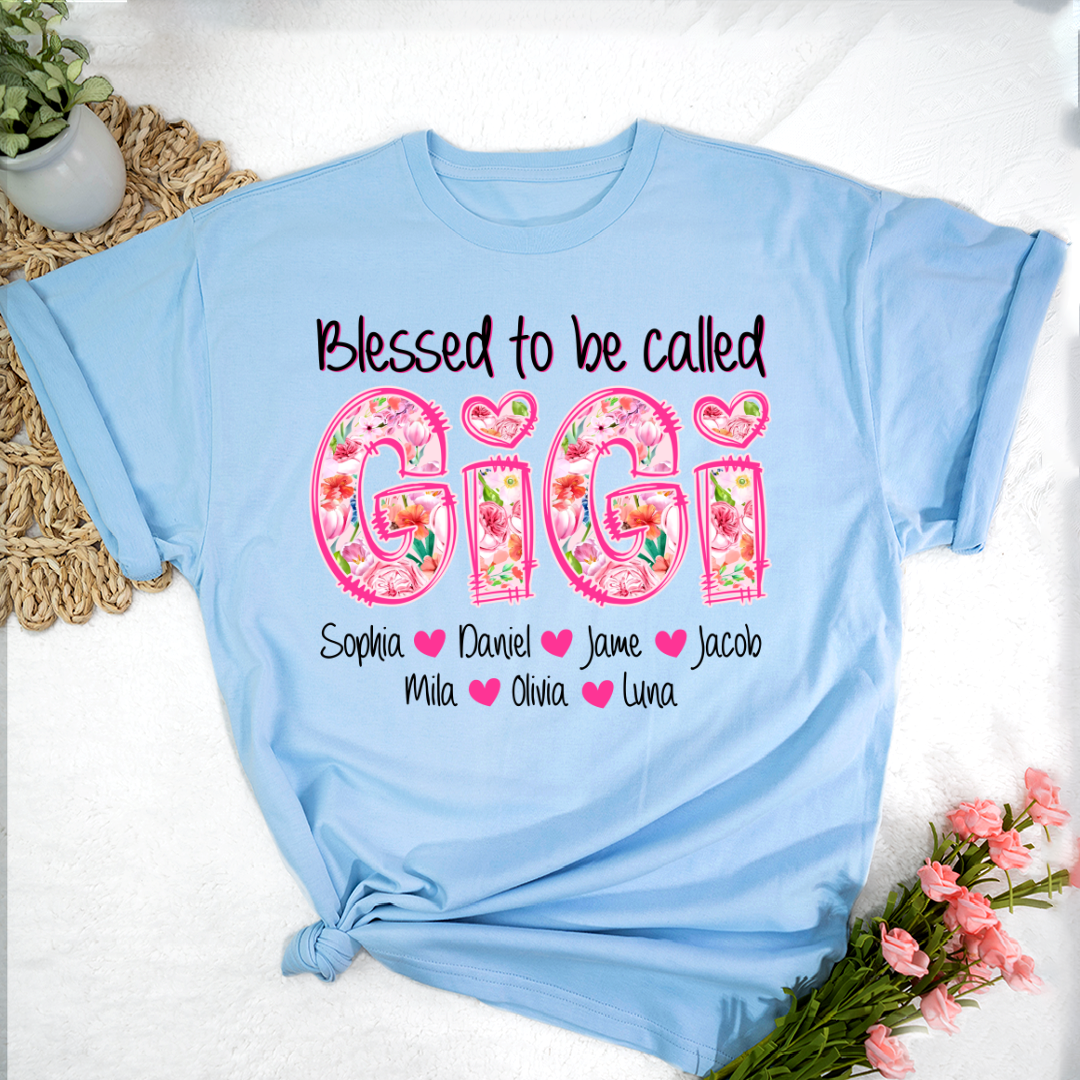 Blessed To Be Called Gigi Custom Gigi And Grandkids Pink Flower T-Shirt