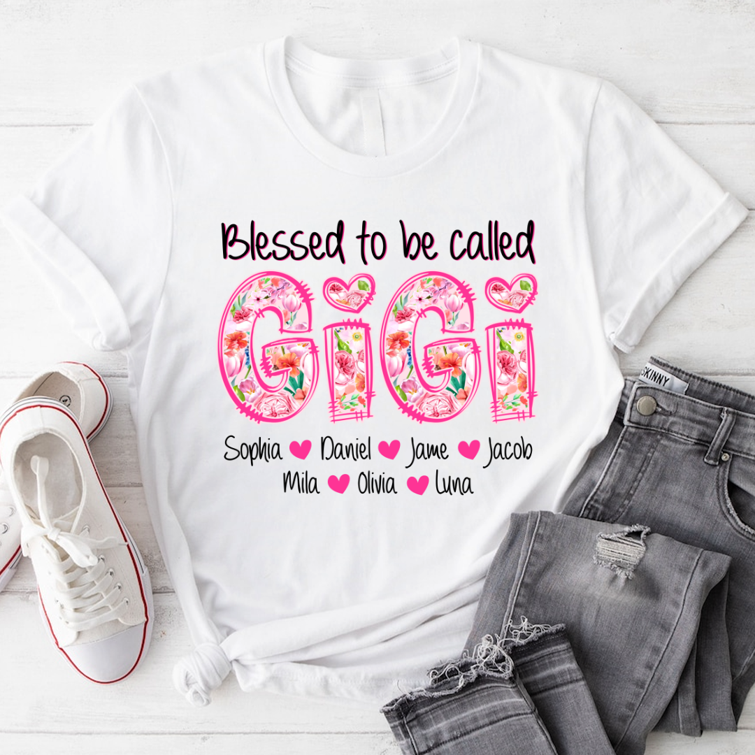 Blessed To Be Called Gigi Custom Gigi And Grandkids Pink Flower T-Shirt