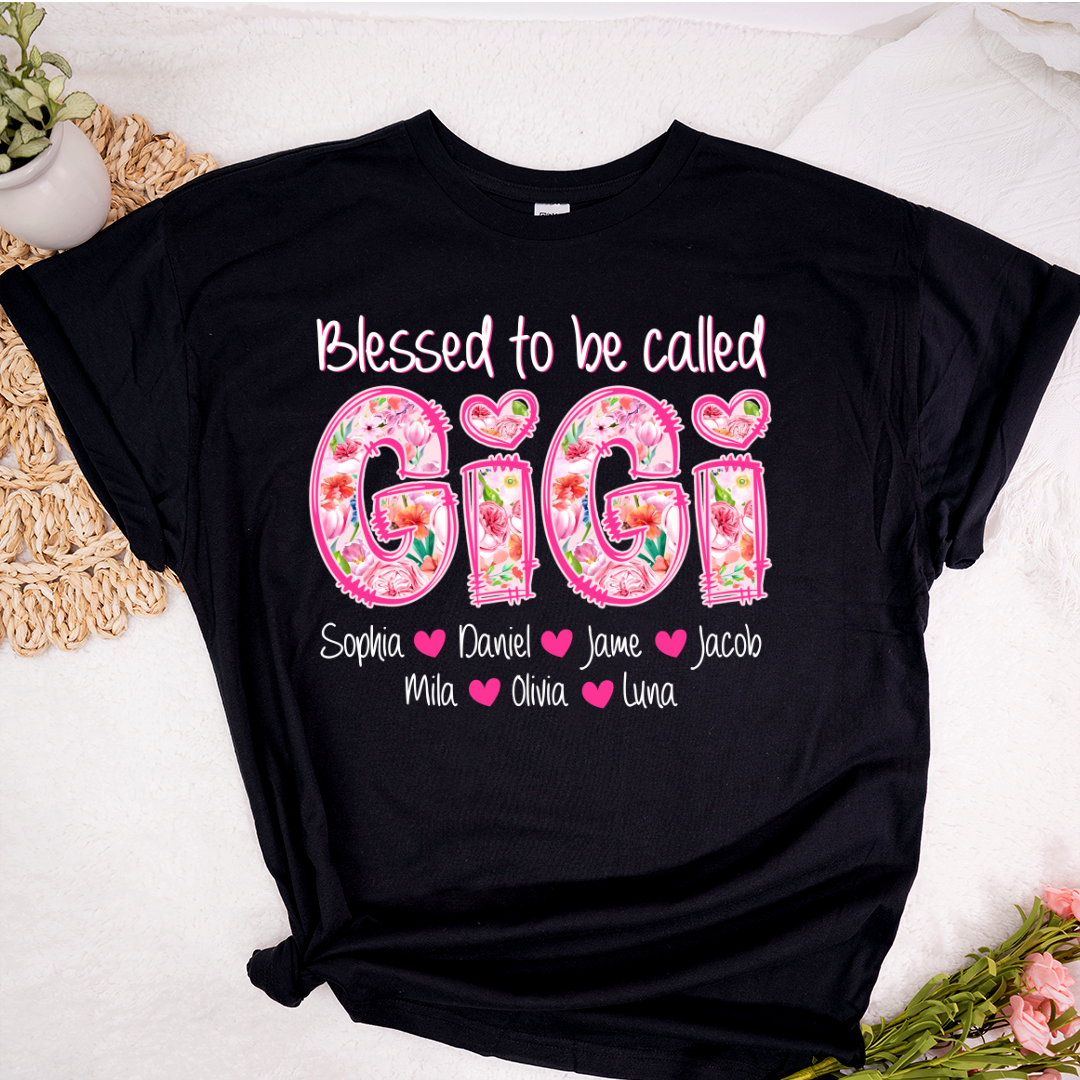 Blessed To Be Called Gigi Custom Gigi And Grandkids Pink Flower T-Shirt