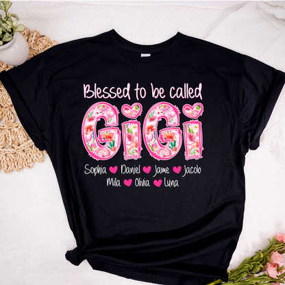 Blessed To Be Called Gigi Custom Gigi And Grandkids Pink Flower T-Shirt