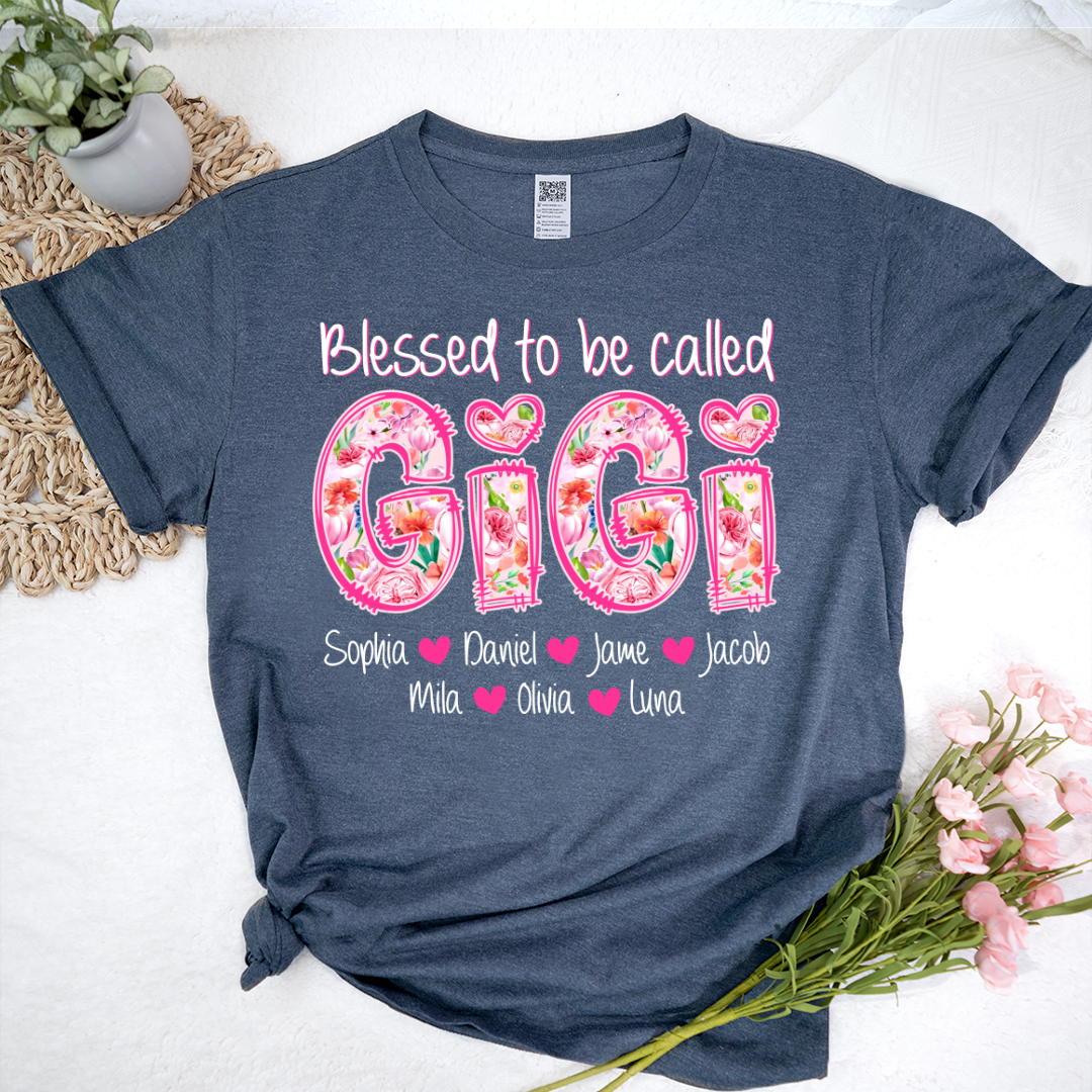 Blessed To Be Called Gigi Custom Gigi And Grandkids Pink Flower T-Shirt