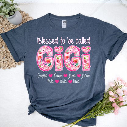 Blessed To Be Called Gigi Custom Gigi And Grandkids Pink Flower T-Shirt