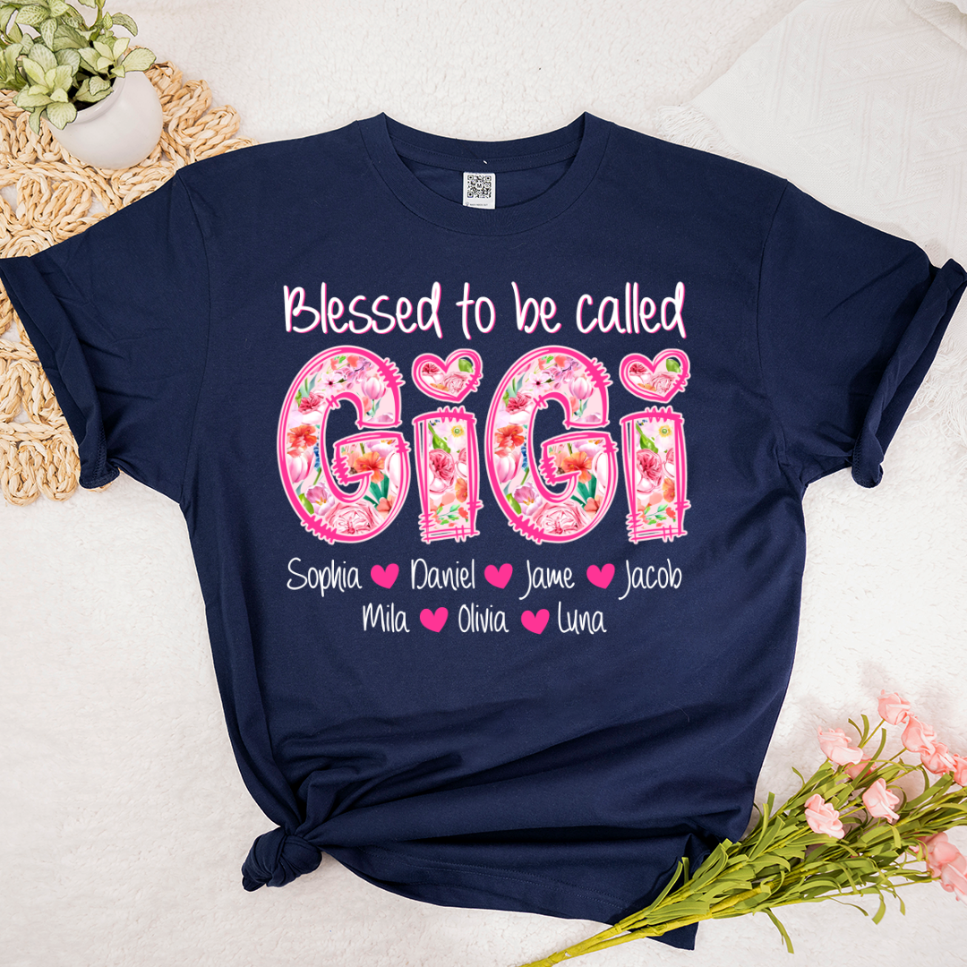 Blessed To Be Called Gigi Custom Gigi And Grandkids Pink Flower T-Shirt