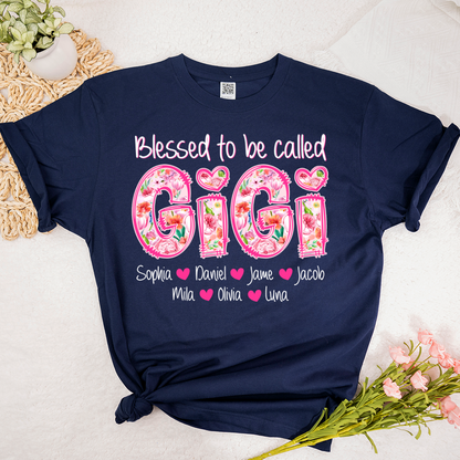 Blessed To Be Called Gigi Custom Gigi And Grandkids Pink Flower T-Shirt