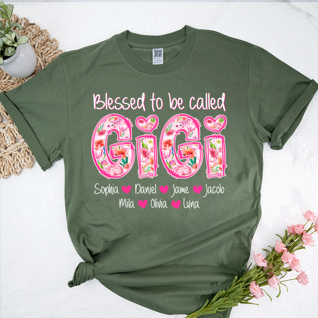 Blessed To Be Called Gigi Custom Gigi And Grandkids Pink Flower T-Shirt
