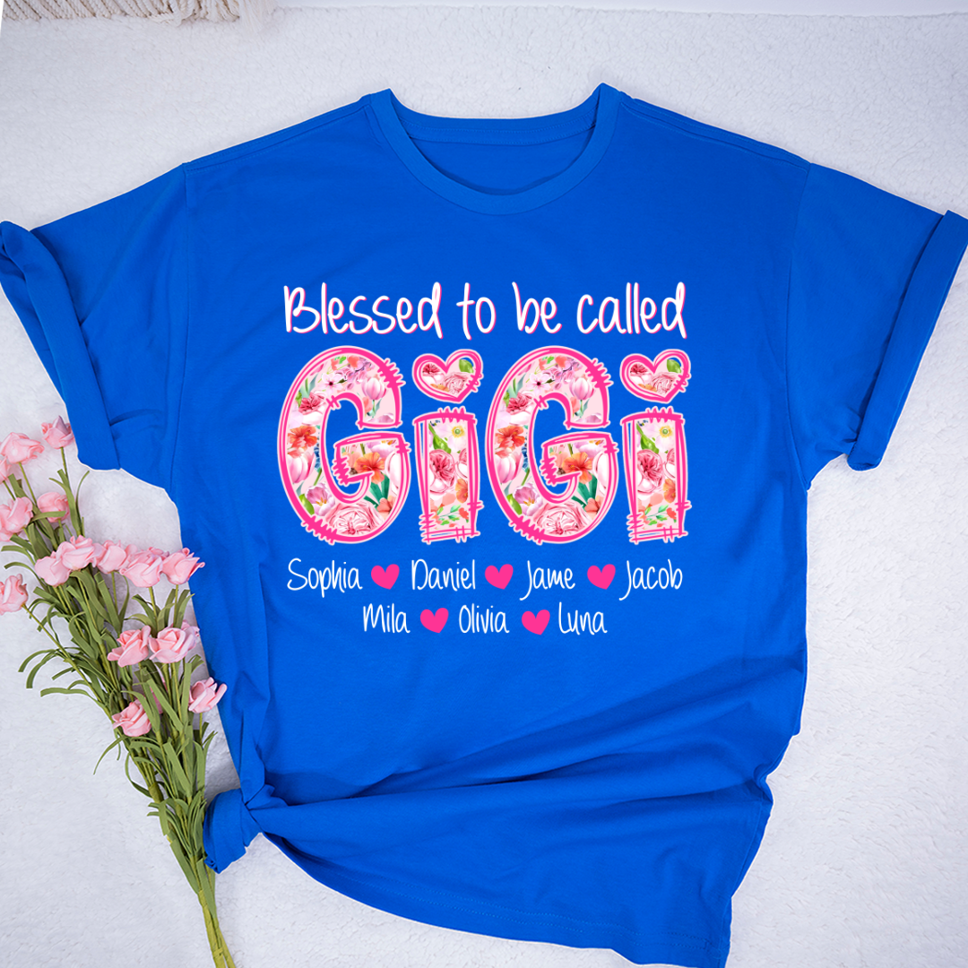 Blessed To Be Called Gigi Custom Gigi And Grandkids Pink Flower T-Shirt