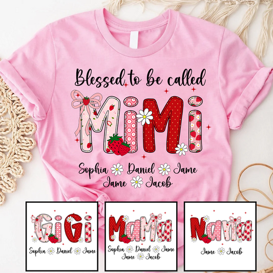 Blessed To Be Called Mimi, Mimi Strawberry And Grandkids Sweet Summer Time Shirt