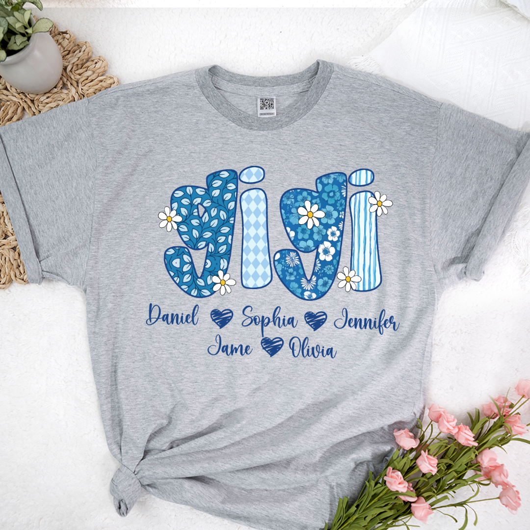 Blue Floral Gigi Personalized Grandma Gift with Grandkids Names Shirt