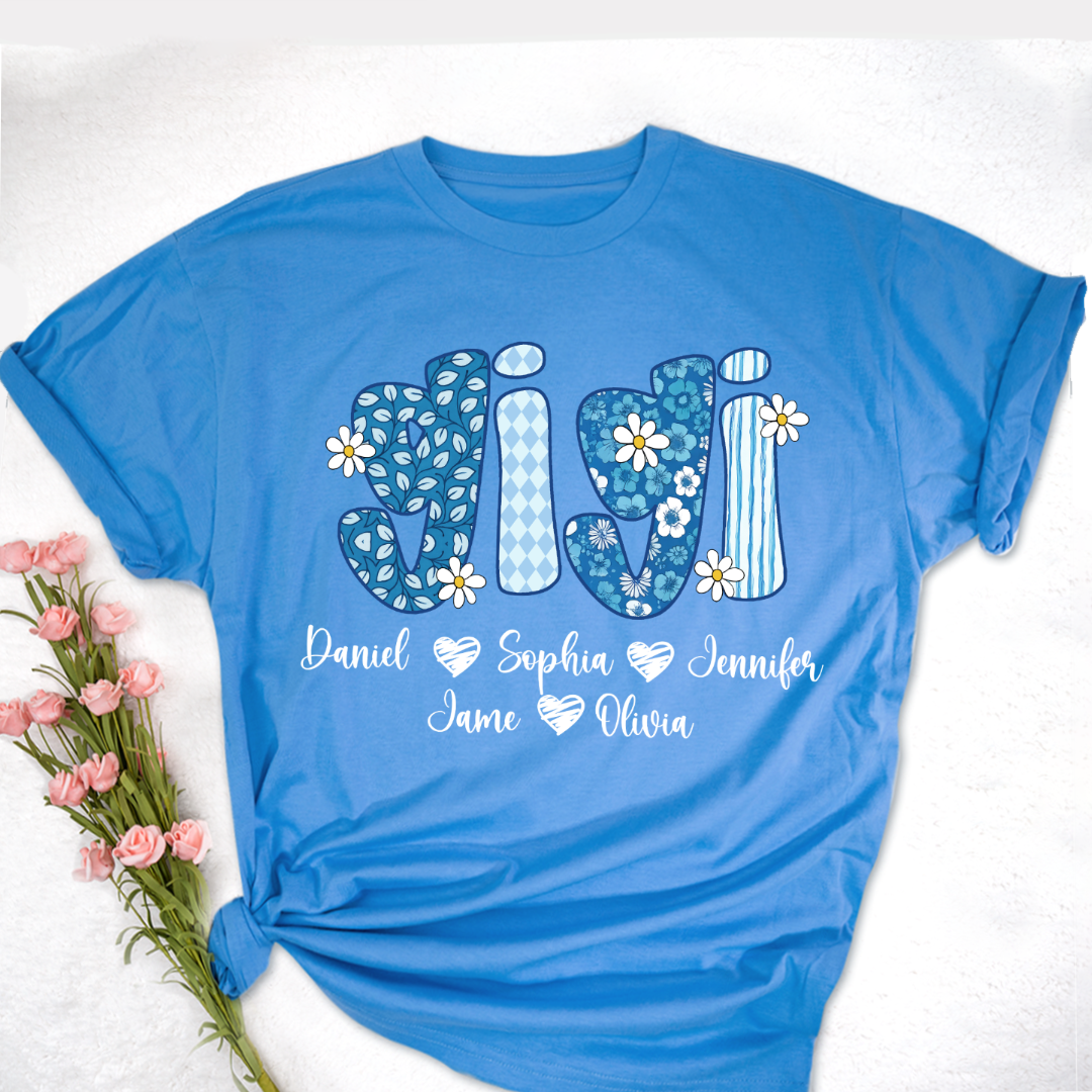 Blue Floral Gigi Personalized Grandma Gift with Grandkids Names Shirt