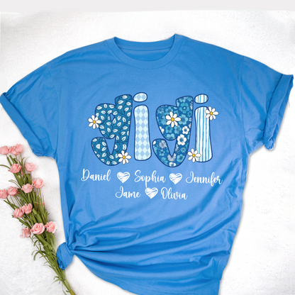 Blue Floral Gigi Personalized Grandma Gift with Grandkids Names Shirt