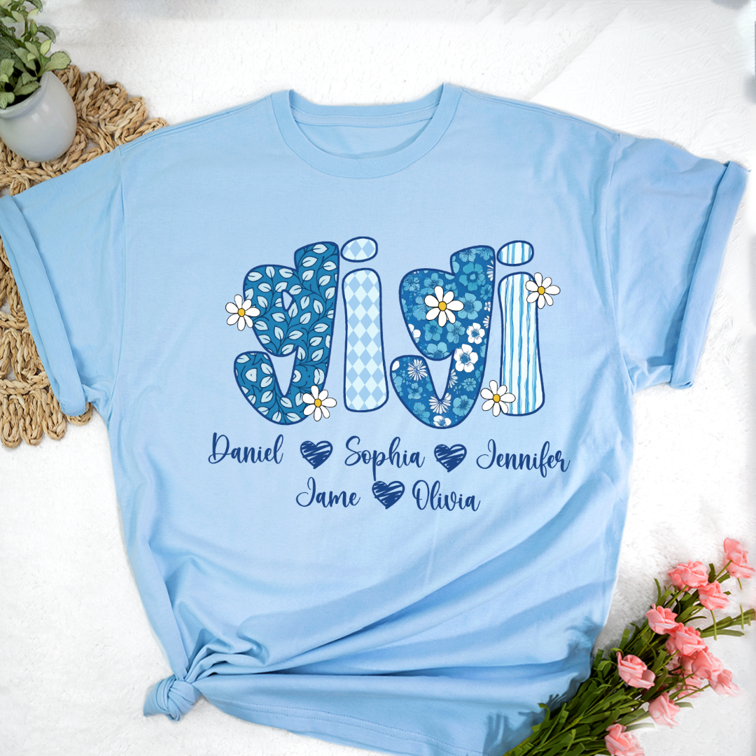 Blue Floral Gigi Personalized Grandma Gift with Grandkids Names Shirt