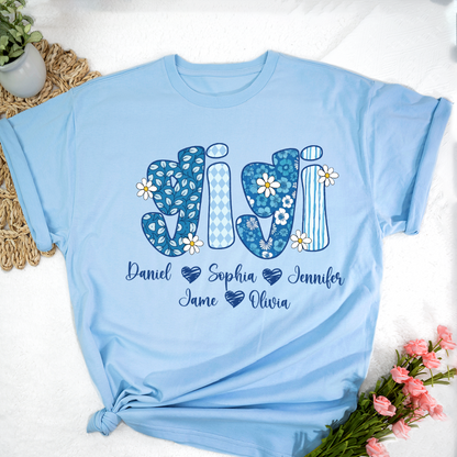 Blue Floral Gigi Personalized Grandma Gift with Grandkids Names Shirt